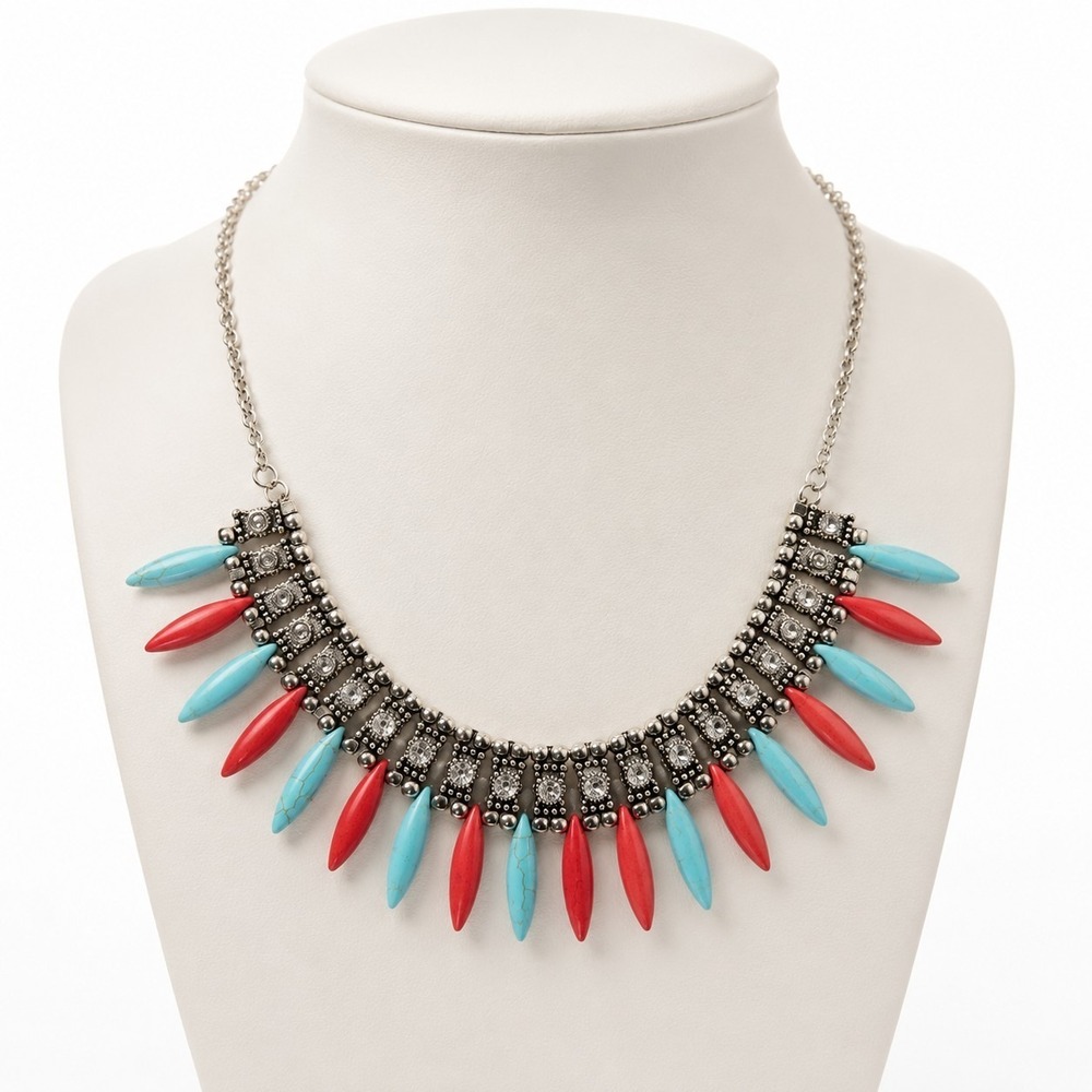 Red Turquoise Blue Spike Bib Necklace Silver Tone Rhinestone Statement Boho...